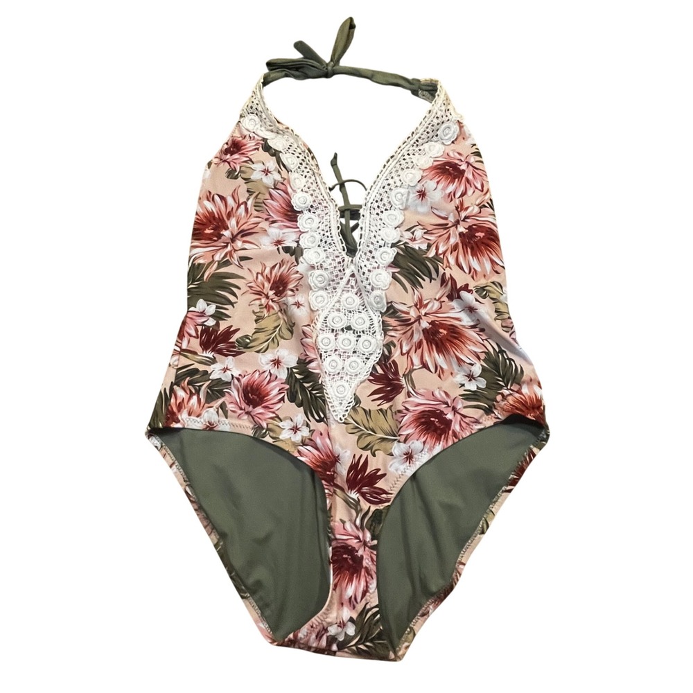 Kona Sol Womens XL Floral Crochet Lace Trim One Piece Swimsuit Pink Olive Green
